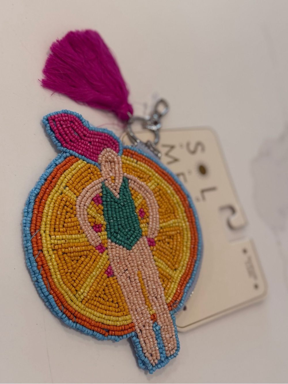 NEW Beaded Sol & Mer Coin Key Holder with Pink Tassel floating orange swimmer